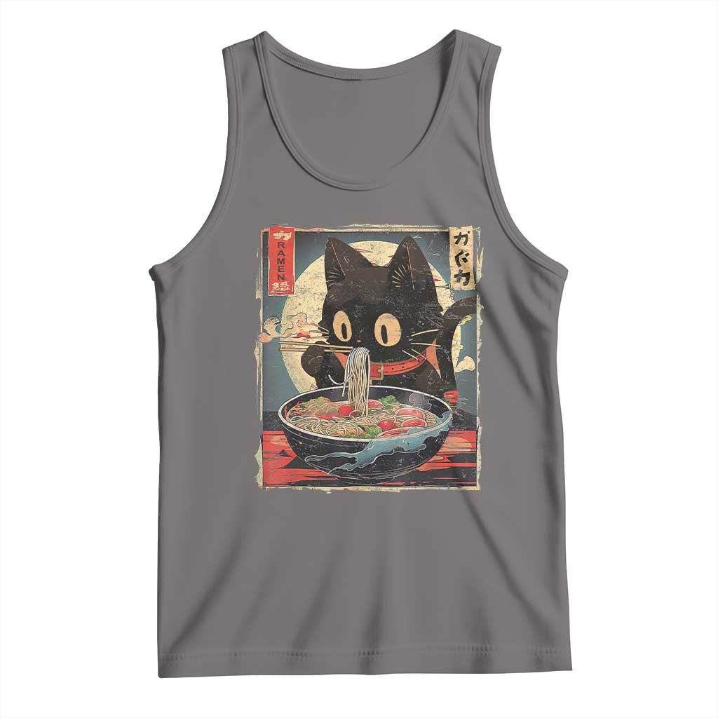 Funny Black Cat Eating Ramen Noodle Graphic Tank Top Japanese Kawaii Anime Gifts TS02 Deep Heather Print Your Wear