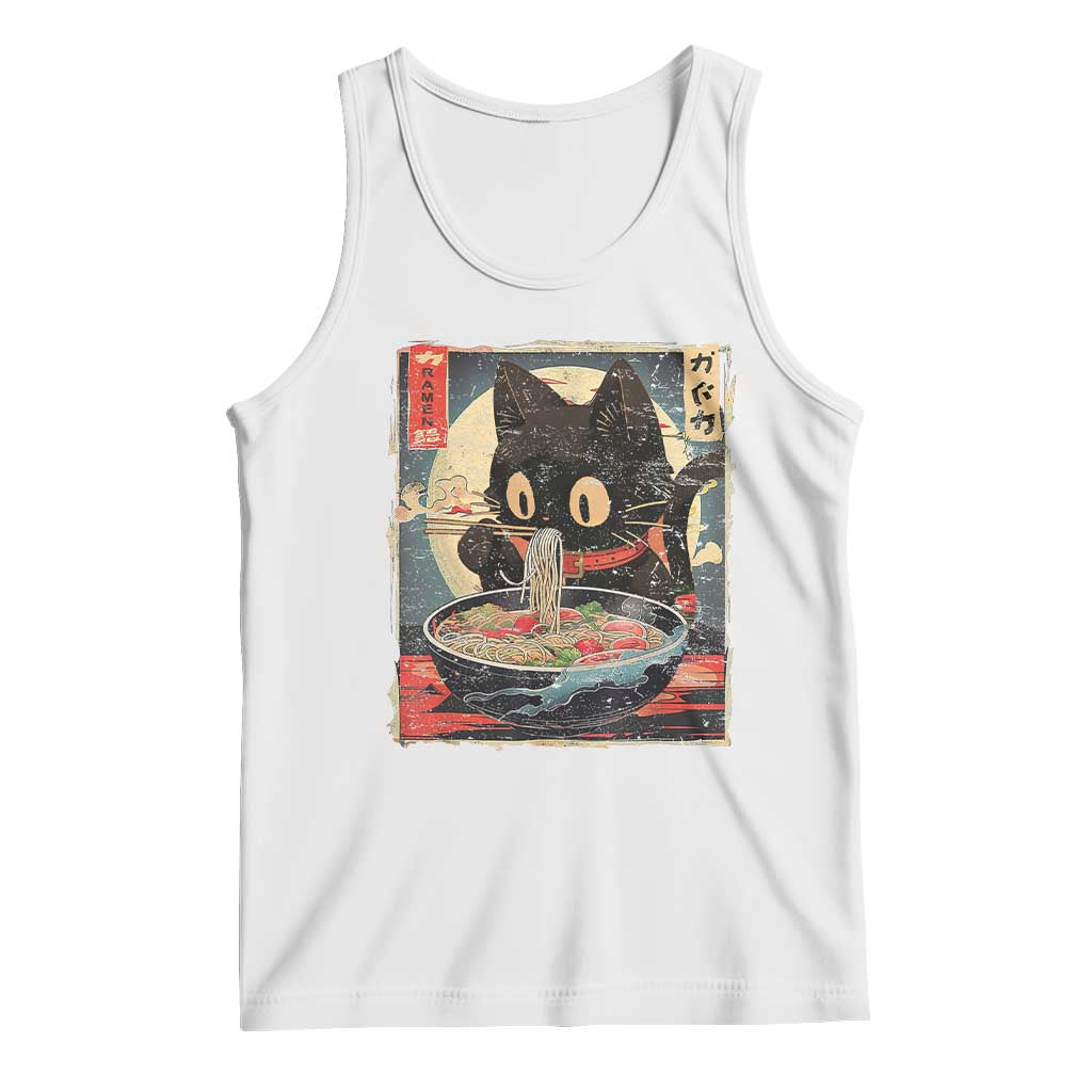 Funny Black Cat Eating Ramen Noodle Graphic Tank Top Japanese Kawaii Anime Gifts TS02 White Print Your Wear