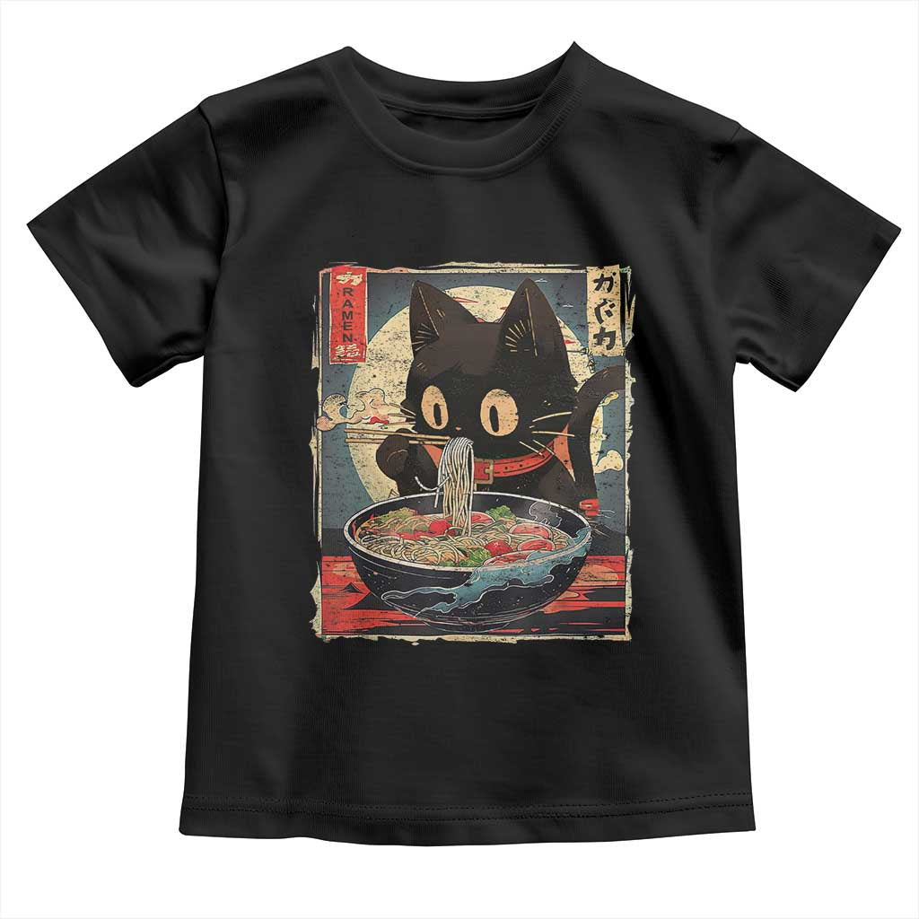 Funny Black Cat Eating Ramen Noodle Graphic Toddler T Shirt Japanese Kawaii Anime Gifts TS02 Black Print Your Wear