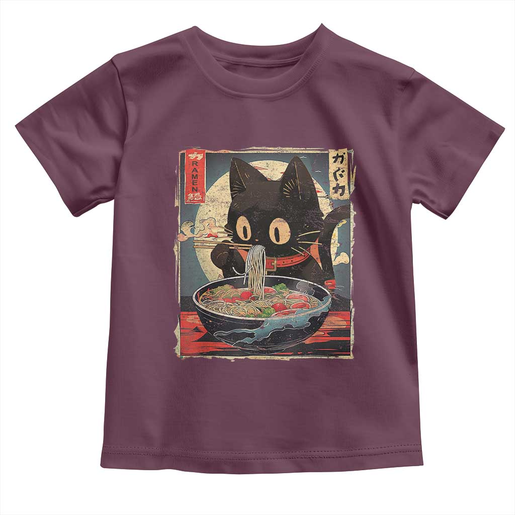 Funny Black Cat Eating Ramen Noodle Graphic Toddler T Shirt Japanese Kawaii Anime Gifts TS02 Maroon Print Your Wear