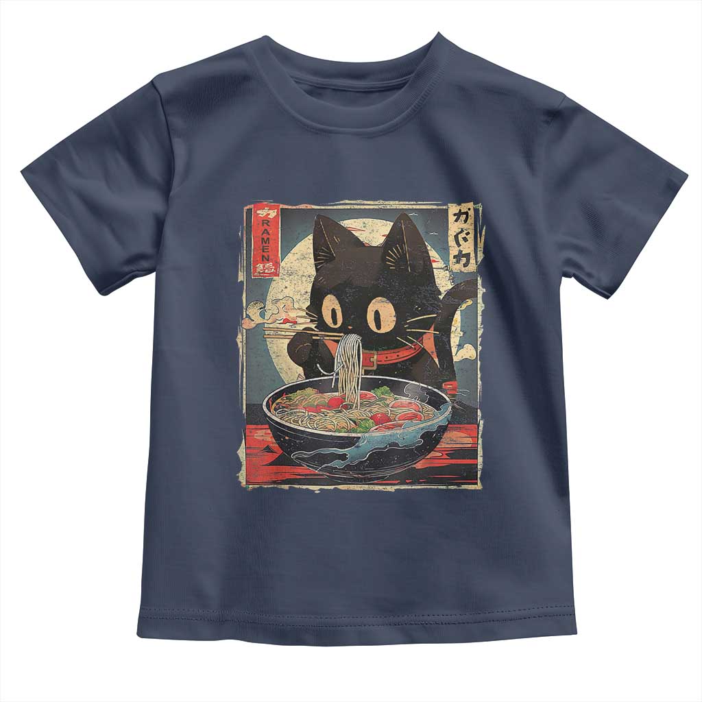 Funny Black Cat Eating Ramen Noodle Graphic Toddler T Shirt Japanese Kawaii Anime Gifts TS02 Navy Print Your Wear