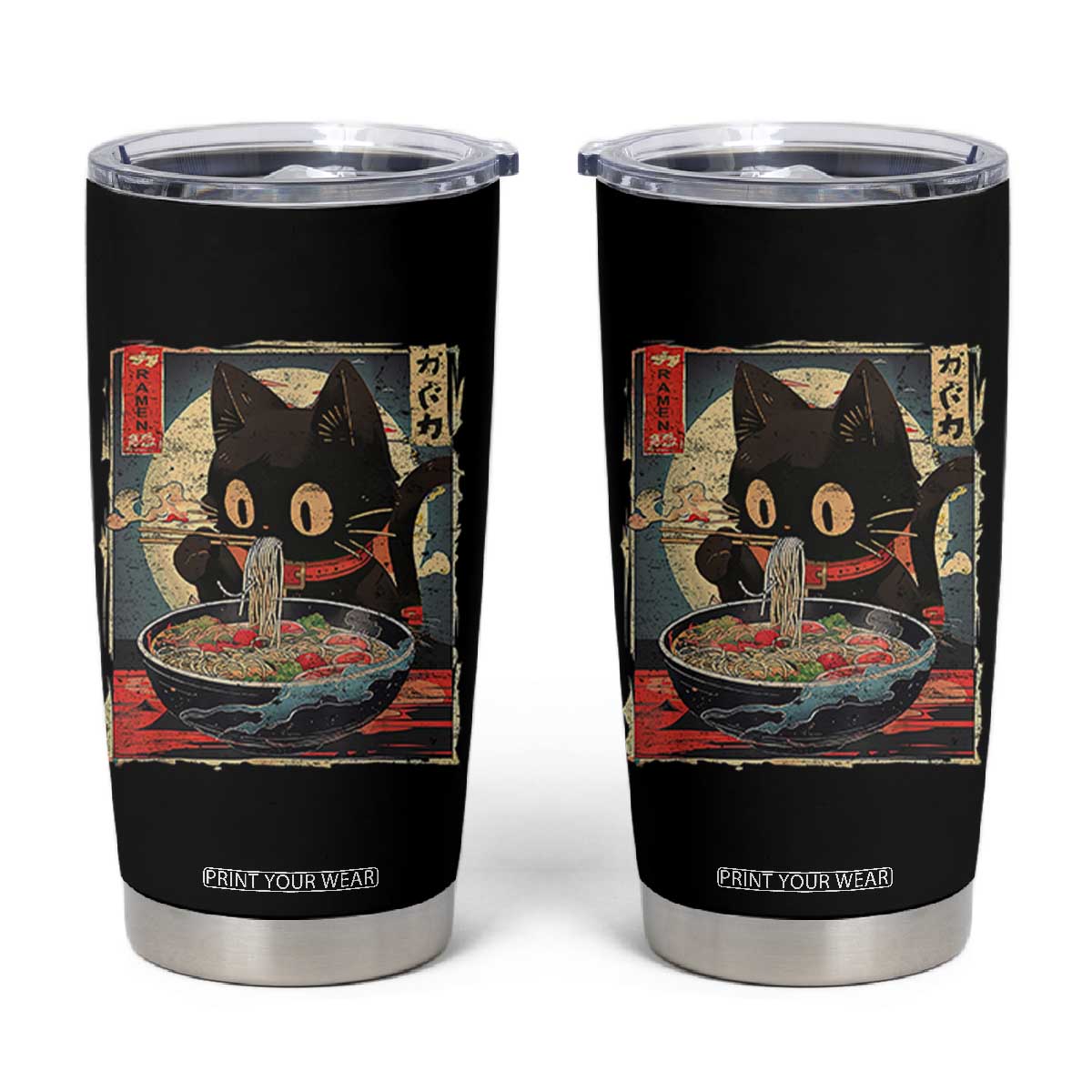 Funny Black Cat Eating Ramen Noodle Graphic Tumbler Cup Japanese Kawaii Anime Gifts TS02 Black Print Your Wear