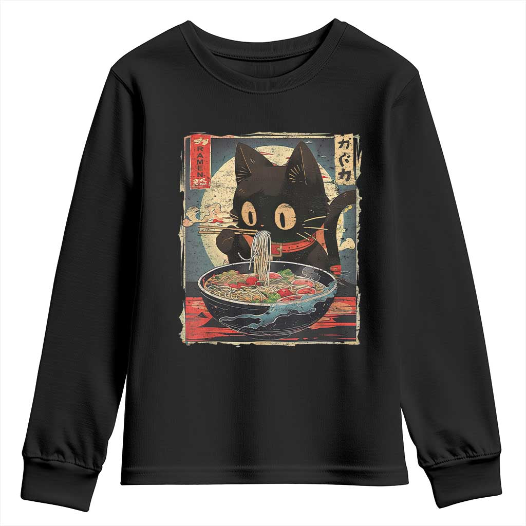 Funny Black Cat Eating Ramen Noodle Graphic Youth Sweatshirt Japanese Kawaii Anime Gifts TS02 Black Print Your Wear