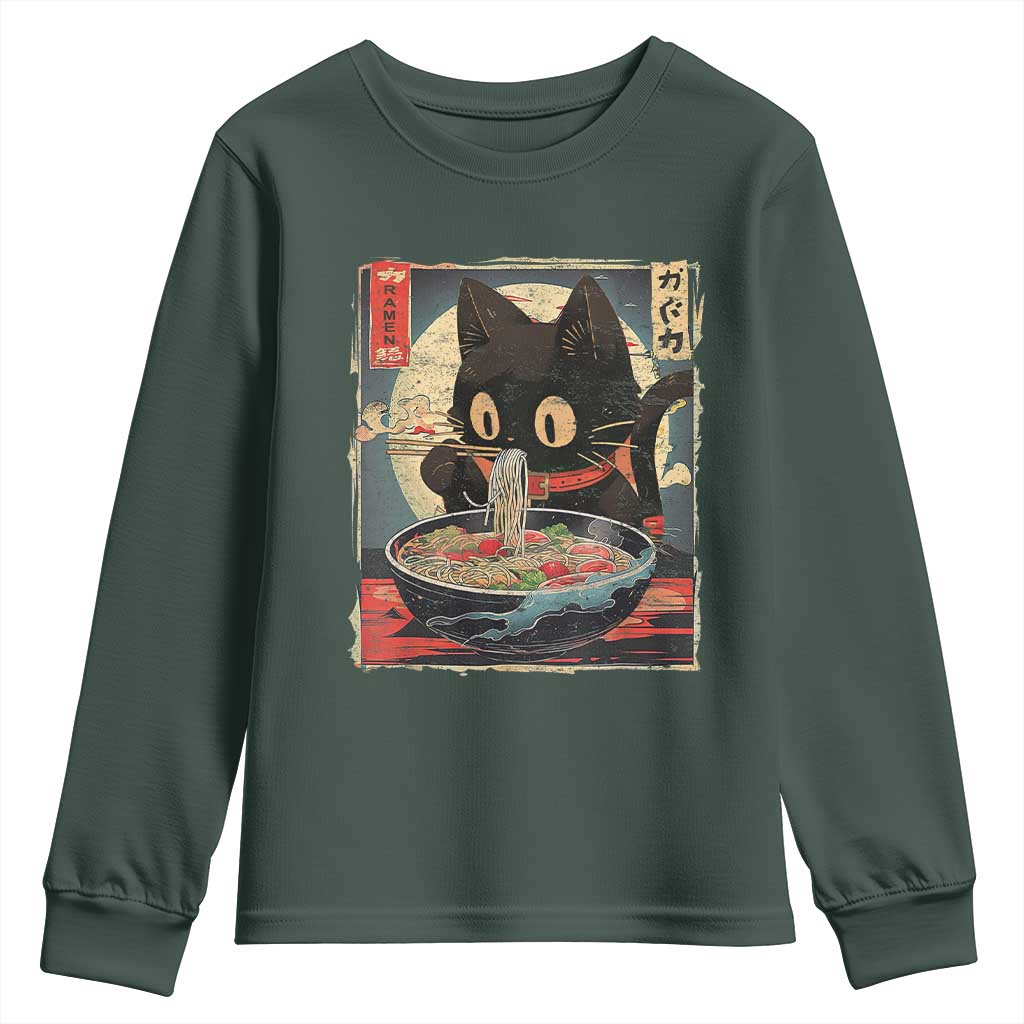 Funny Black Cat Eating Ramen Noodle Graphic Youth Sweatshirt Japanese Kawaii Anime Gifts TS02 Dark Forest Green Print Your Wear
