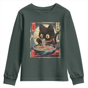 Funny Black Cat Eating Ramen Noodle Graphic Youth Sweatshirt Japanese Kawaii Anime Gifts TS02 Dark Forest Green Print Your Wear