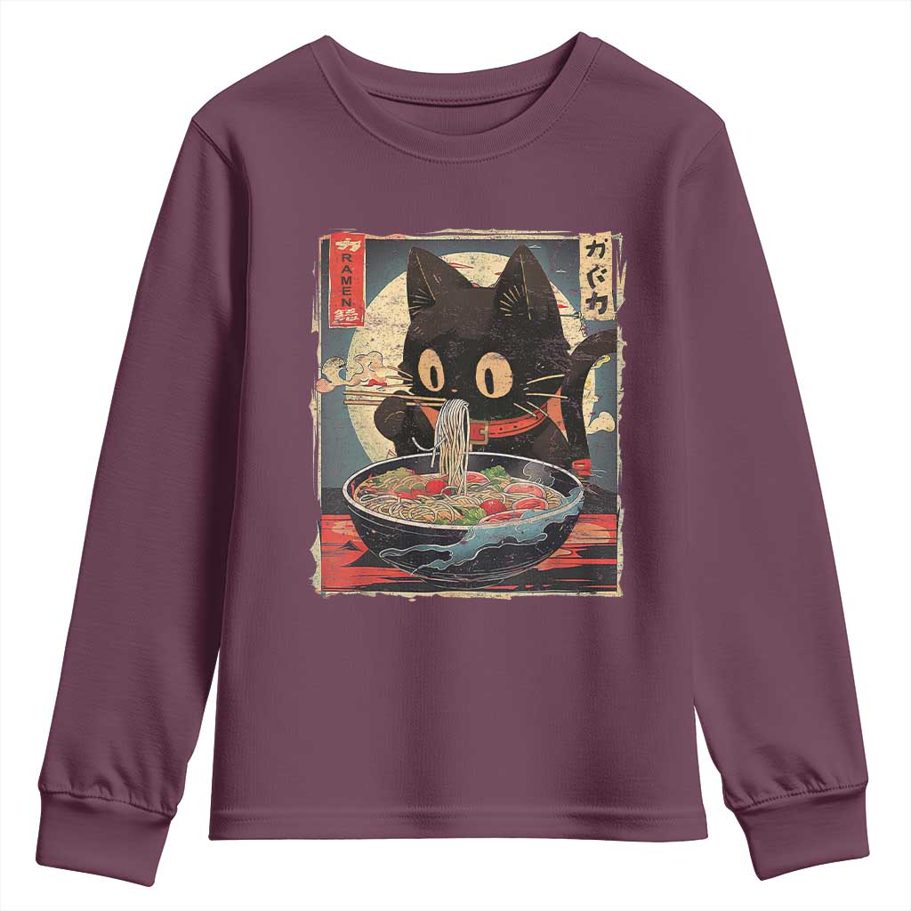 Funny Black Cat Eating Ramen Noodle Graphic Youth Sweatshirt Japanese Kawaii Anime Gifts TS02 Maroon Print Your Wear
