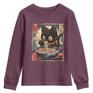 Funny Black Cat Eating Ramen Noodle Graphic Youth Sweatshirt Japanese Kawaii Anime Gifts TS02 Maroon Print Your Wear