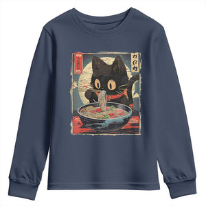 Funny Black Cat Eating Ramen Noodle Graphic Youth Sweatshirt Japanese Kawaii Anime Gifts TS02 Navy Print Your Wear