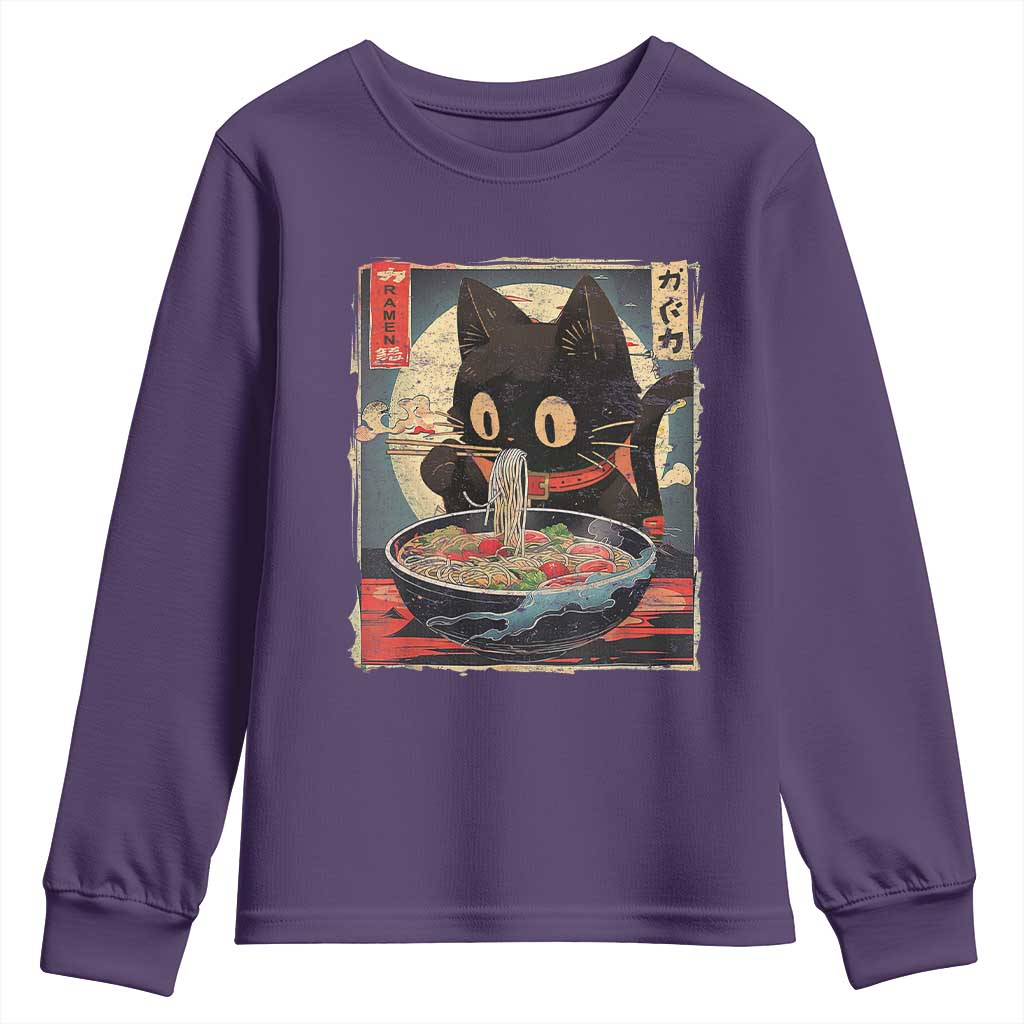 Funny Black Cat Eating Ramen Noodle Graphic Youth Sweatshirt Japanese Kawaii Anime Gifts TS02 Purple Print Your Wear