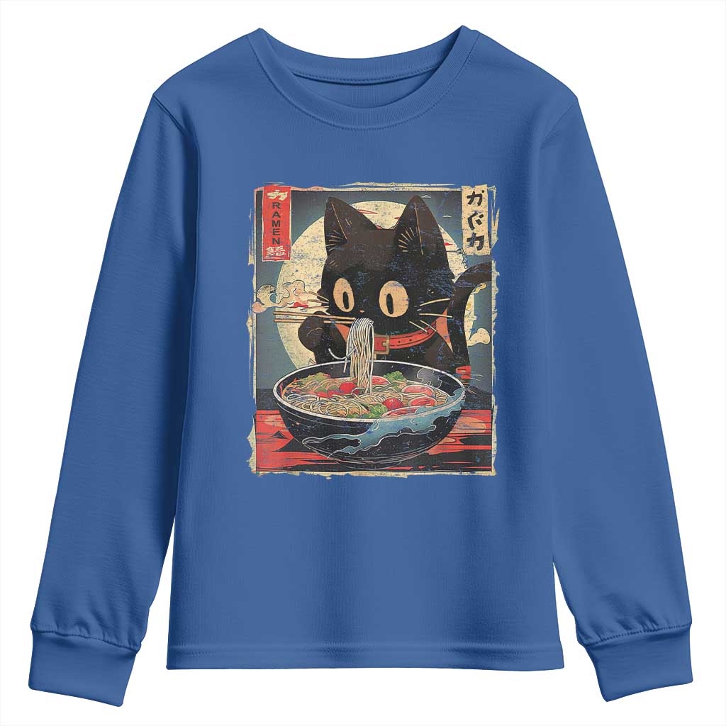 Funny Black Cat Eating Ramen Noodle Graphic Youth Sweatshirt Japanese Kawaii Anime Gifts TS02 Royal Blue Print Your Wear