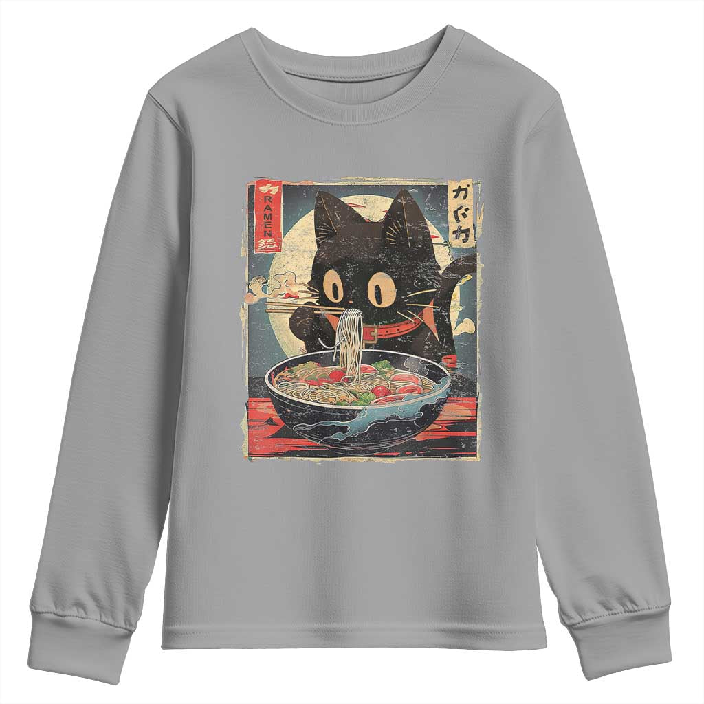 Funny Black Cat Eating Ramen Noodle Graphic Youth Sweatshirt Japanese Kawaii Anime Gifts TS02 Sport Gray Print Your Wear