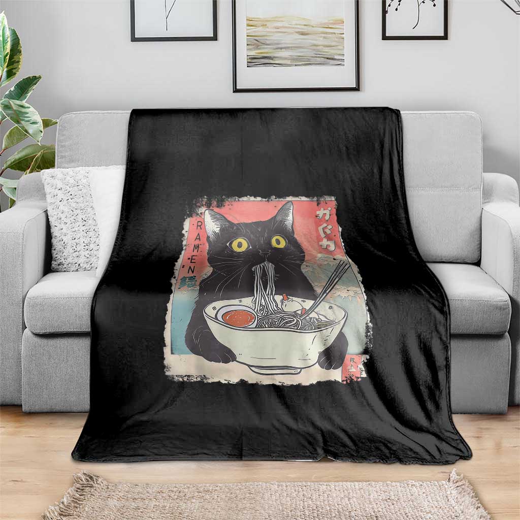 Funny Black Cat Eating Ramen Noodle Graphic Throw Blanket Japanese Anime Manga Kawaii Cats TS02 Print Your Wear