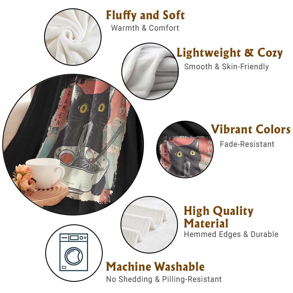 Funny Black Cat Eating Ramen Noodle Graphic Throw Blanket Japanese Anime Manga Kawaii Cats TS02 Print Your Wear