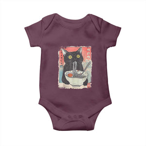 Funny Black Cat Eating Ramen Noodle Graphic Baby Onesie Japanese Anime Manga Kawaii Cats TS02 Maroon Print Your Wear
