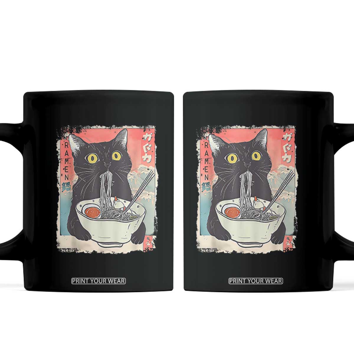 Funny Black Cat Eating Ramen Noodle Graphic Coffee Mug Japanese Anime Manga Kawaii Cats TS02 Black Print Your Wear