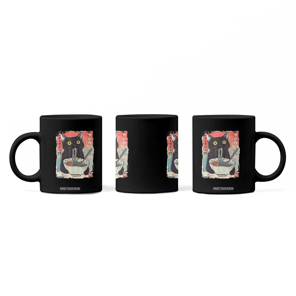 Funny Black Cat Eating Ramen Noodle Graphic Coffee Mug Japanese Anime Manga Kawaii Cats TS02 Print Your Wear