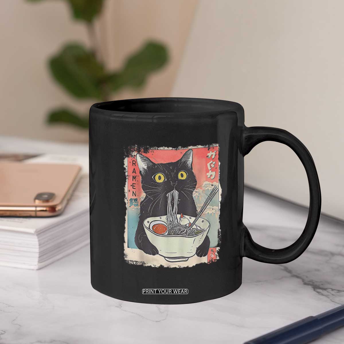 Funny Black Cat Eating Ramen Noodle Graphic Coffee Mug Japanese Anime Manga Kawaii Cats TS02 Print Your Wear