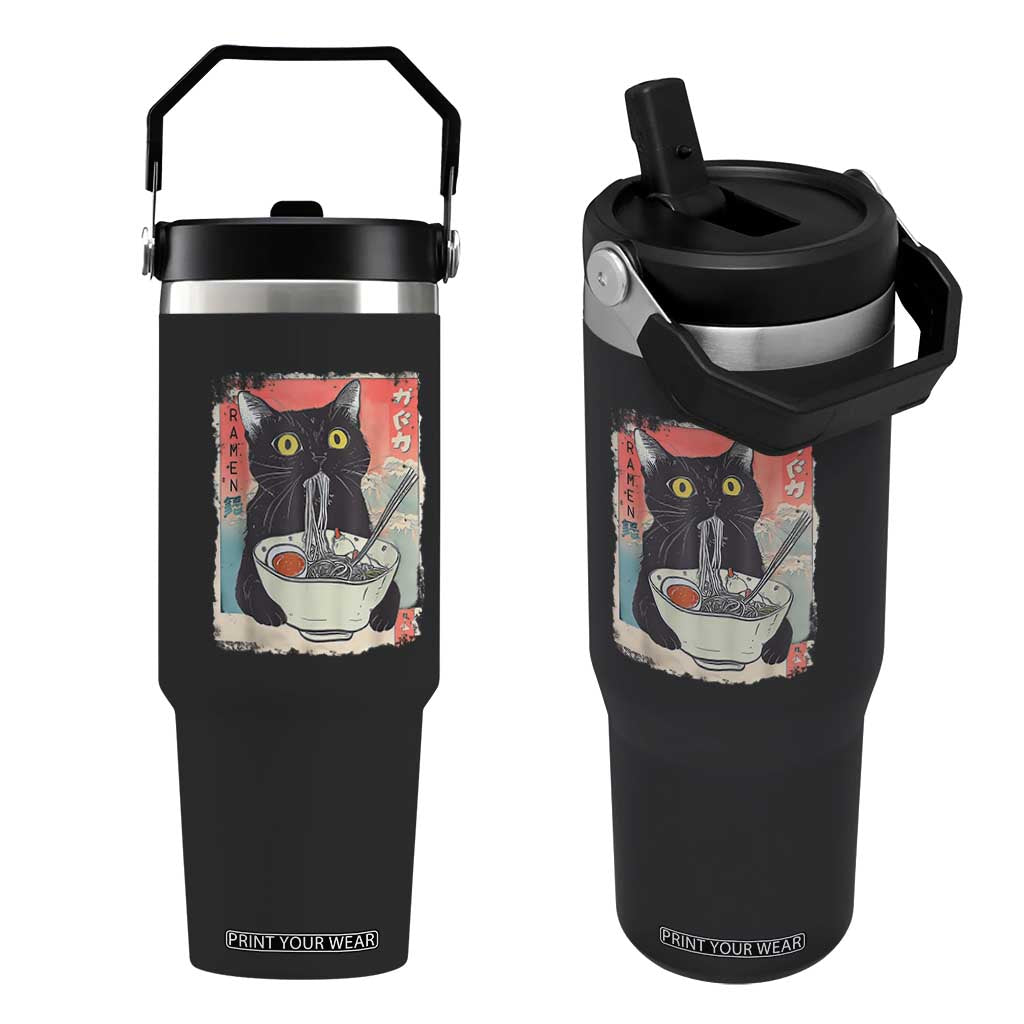 Funny Black Cat Eating Ramen Noodle Graphic Flip Straw Tumbler Japanese Anime Manga Kawaii Cats TS02 One Size: 30 oz Black Print Your Wear