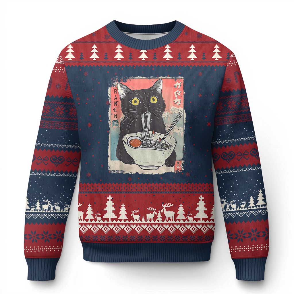 Funny Black Cat Eating Ramen Noodle Graphic Ugly Christmas Sweater Japanese Anime Manga Kawaii Cats TS02 Navy Red Print Your Wear