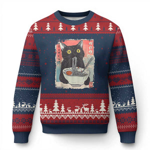 Funny Black Cat Eating Ramen Noodle Graphic Ugly Christmas Sweater Japanese Anime Manga Kawaii Cats TS02 Navy Red Print Your Wear