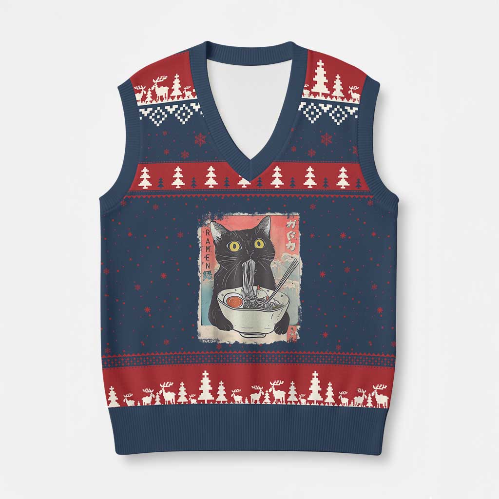 Funny Black Cat Eating Ramen Noodle Graphic V-Neck Knit Sweater Vest Japanese Anime Manga Kawaii Cats TS02 Navy Red Print Your Wear