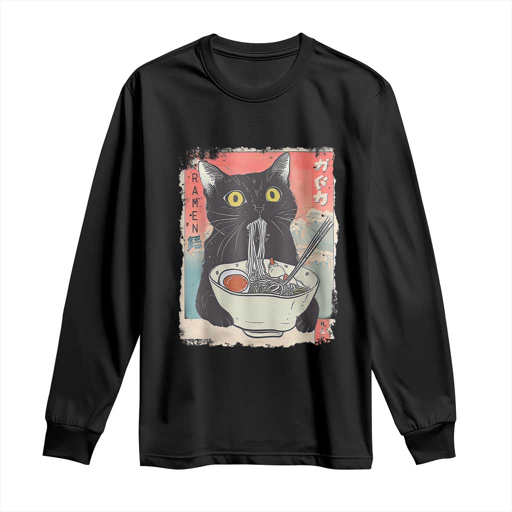 Funny Black Cat Eating Ramen Noodle Graphic Long Sleeve Shirt Japanese Anime Manga Kawaii Cats TS02 Black Print Your Wear