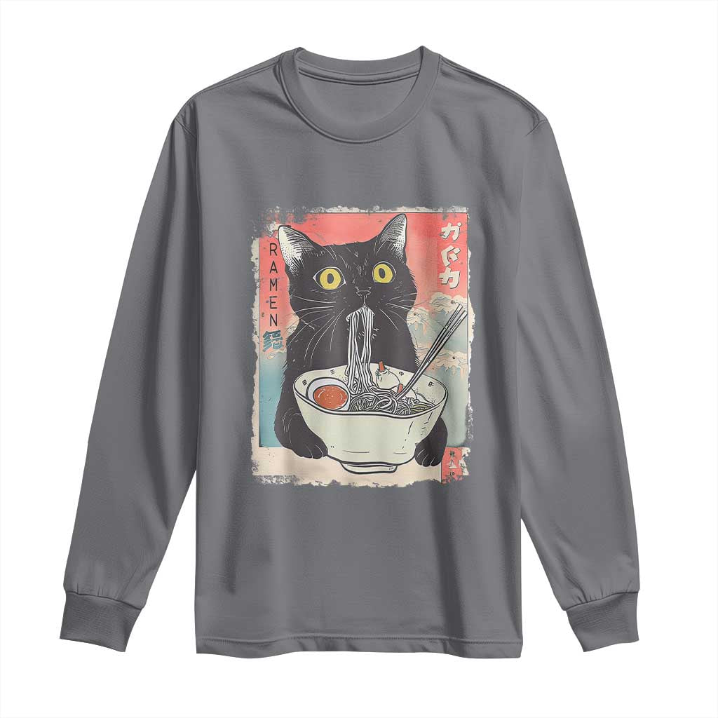 Funny Black Cat Eating Ramen Noodle Graphic Long Sleeve Shirt Japanese Anime Manga Kawaii Cats TS02 Charcoal Print Your Wear