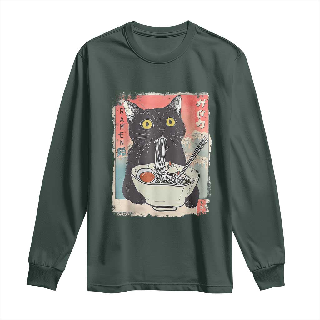 Funny Black Cat Eating Ramen Noodle Graphic Long Sleeve Shirt Japanese Anime Manga Kawaii Cats TS02 Dark Forest Green Print Your Wear