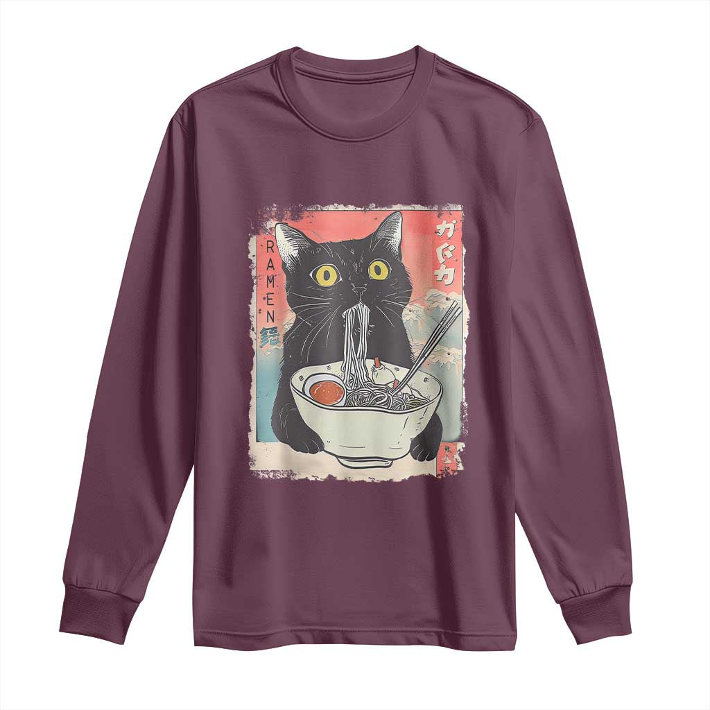 Funny Black Cat Eating Ramen Noodle Graphic Long Sleeve Shirt Japanese Anime Manga Kawaii Cats TS02 Maroon Print Your Wear
