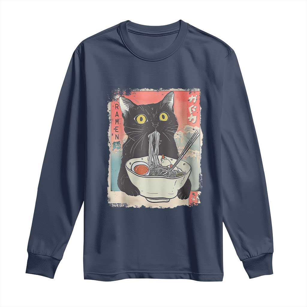 Funny Black Cat Eating Ramen Noodle Graphic Long Sleeve Shirt Japanese Anime Manga Kawaii Cats TS02 Navy Print Your Wear