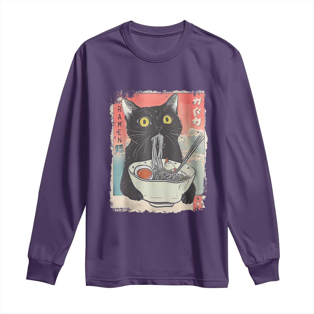 Funny Black Cat Eating Ramen Noodle Graphic Long Sleeve Shirt Japanese Anime Manga Kawaii Cats TS02 Purple Print Your Wear