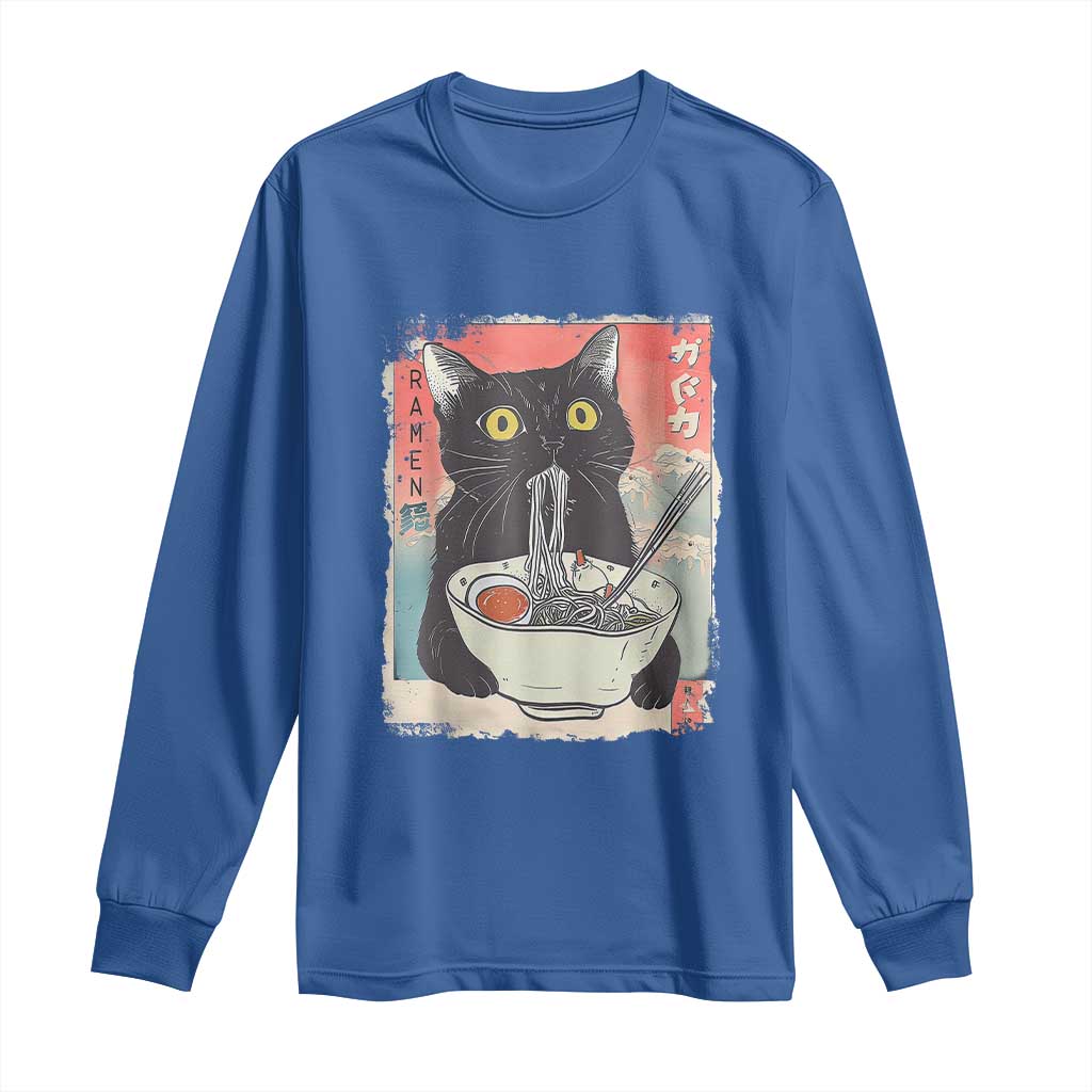 Funny Black Cat Eating Ramen Noodle Graphic Long Sleeve Shirt Japanese Anime Manga Kawaii Cats TS02 Royal Blue Print Your Wear