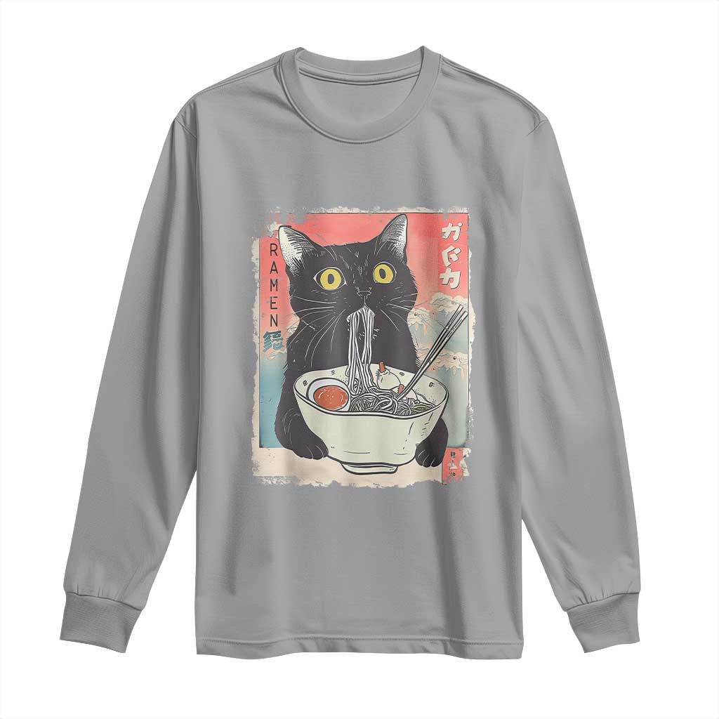 Funny Black Cat Eating Ramen Noodle Graphic Long Sleeve Shirt Japanese Anime Manga Kawaii Cats TS02 Sport Gray Print Your Wear