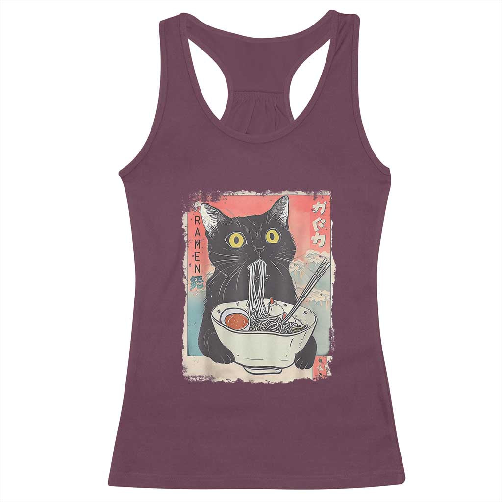 Funny Black Cat Eating Ramen Noodle Graphic Racerback Tank Top Japanese Anime Manga Kawaii Cats TS02 Maroon Print Your Wear