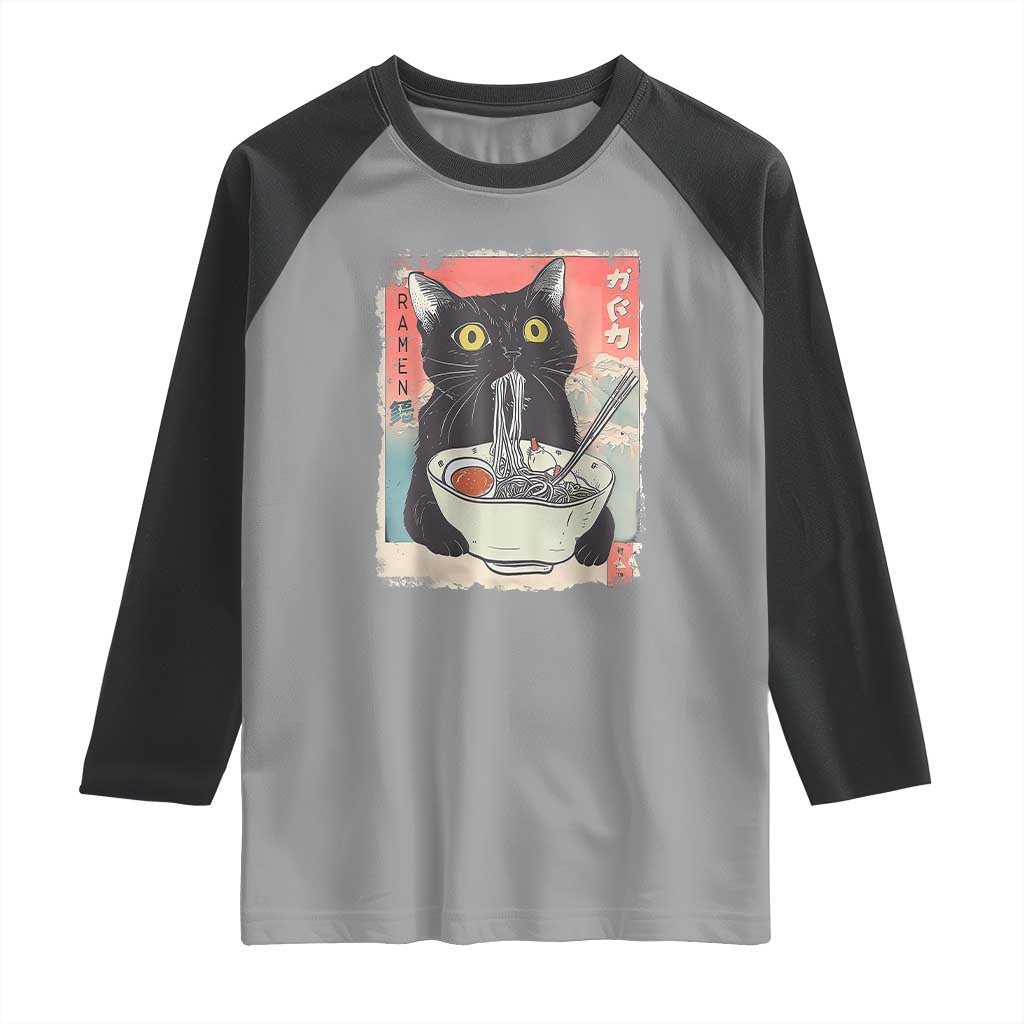 Funny Black Cat Eating Ramen Noodle Graphic Raglan Shirt Japanese Anime Manga Kawaii Cats TS02 Sport Gray Black Print Your Wear