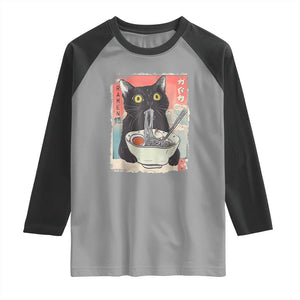 Funny Black Cat Eating Ramen Noodle Graphic Raglan Shirt Japanese Anime Manga Kawaii Cats TS02 Sport Gray Black Print Your Wear