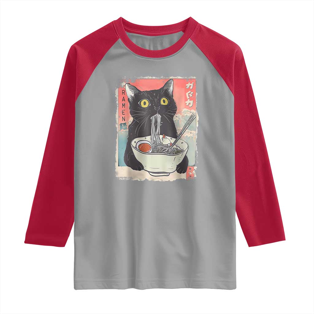 Funny Black Cat Eating Ramen Noodle Graphic Raglan Shirt Japanese Anime Manga Kawaii Cats TS02 Sport Gray Red Print Your Wear