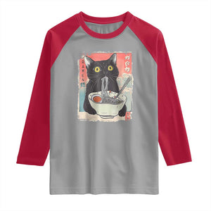 Funny Black Cat Eating Ramen Noodle Graphic Raglan Shirt Japanese Anime Manga Kawaii Cats TS02 Sport Gray Red Print Your Wear