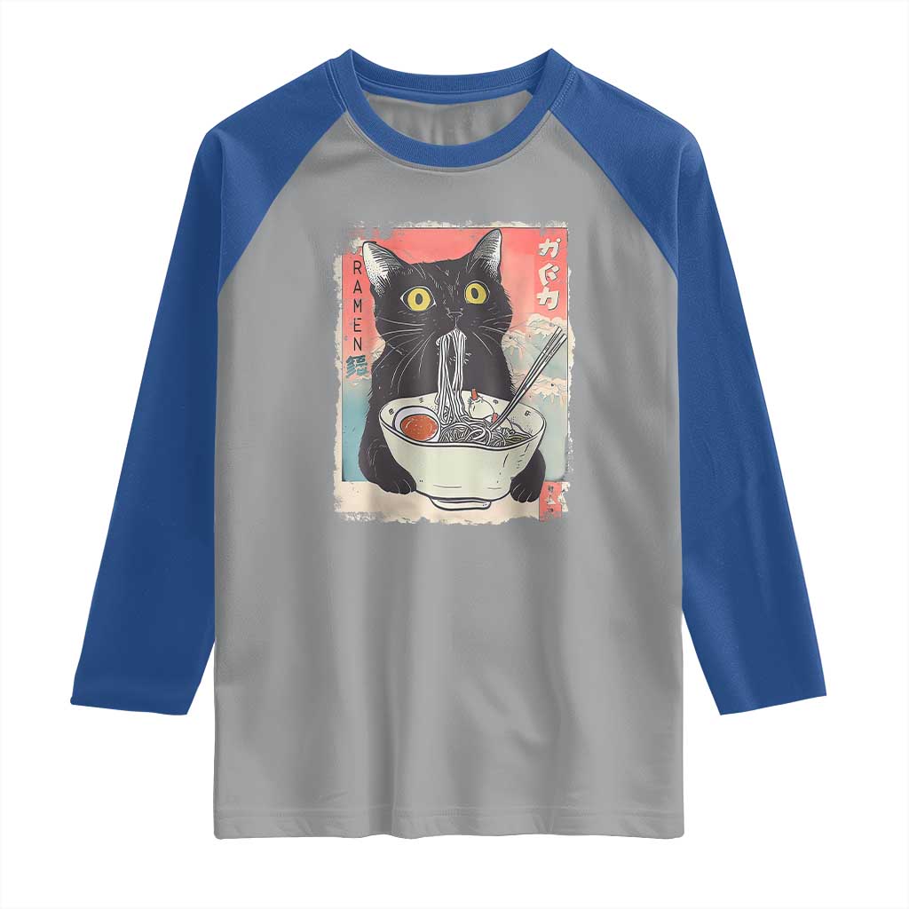 Funny Black Cat Eating Ramen Noodle Graphic Raglan Shirt Japanese Anime Manga Kawaii Cats TS02 Sport Gray Royal Print Your Wear