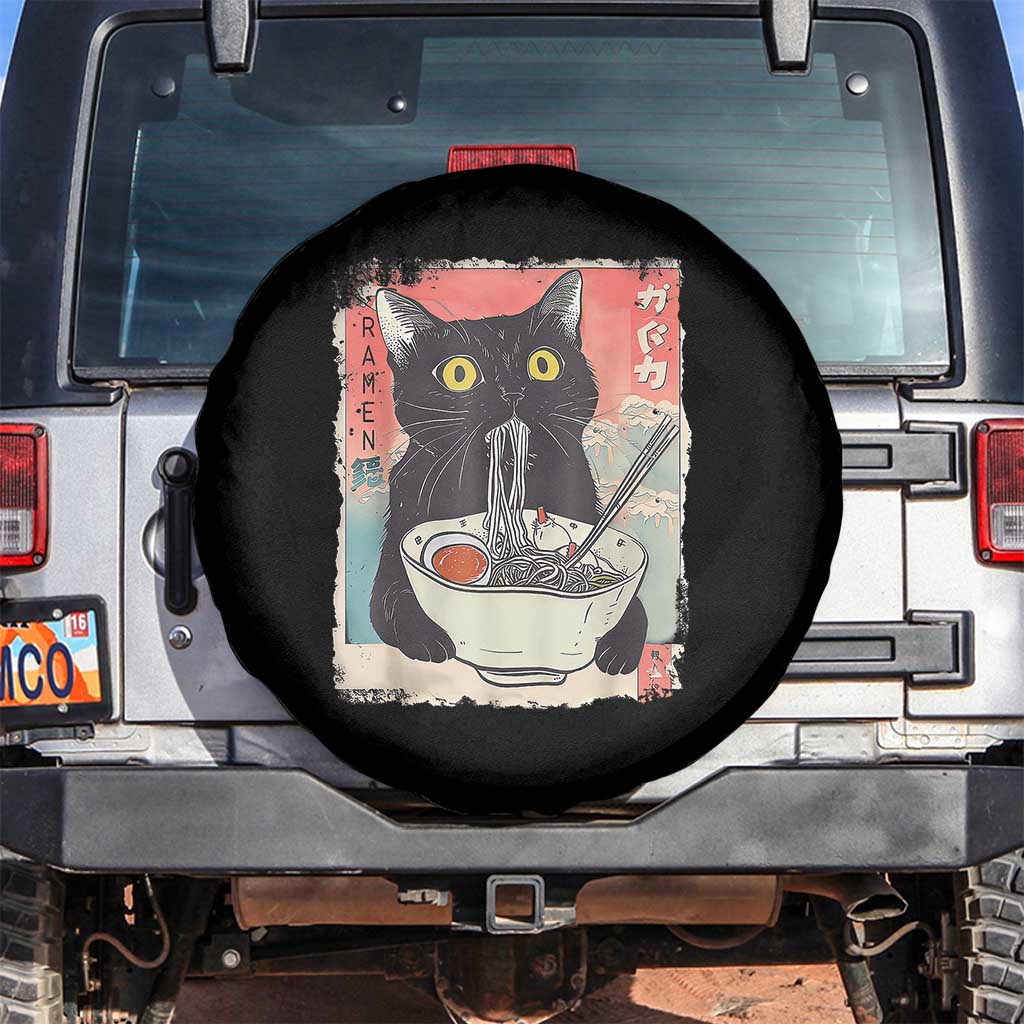 Funny Black Cat Eating Ramen Noodle Graphic Spare Tire Cover Japanese Anime Manga Kawaii Cats TS02 No hole Black Print Your Wear