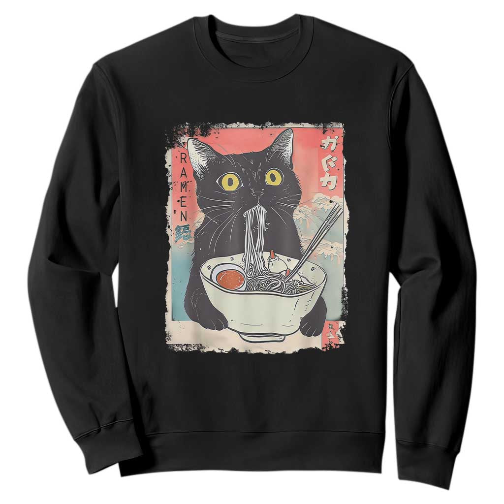 Funny Black Cat Eating Ramen Noodle Graphic Sweatshirt Japanese Anime Manga Kawaii Cats TS02 Black Print Your Wear