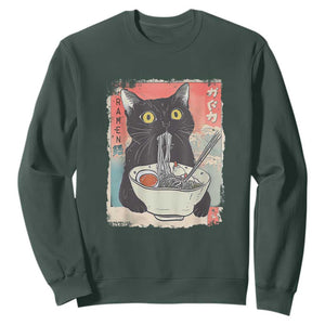 Funny Black Cat Eating Ramen Noodle Graphic Sweatshirt Japanese Anime Manga Kawaii Cats TS02 Dark Forest Green Print Your Wear