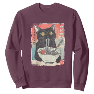Funny Black Cat Eating Ramen Noodle Graphic Sweatshirt Japanese Anime Manga Kawaii Cats TS02 Maroon Print Your Wear