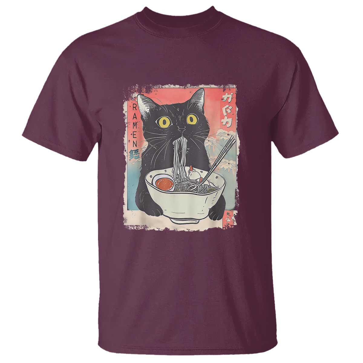 Funny Black Cat Eating Ramen Noodle Graphic T Shirt Japanese Anime Manga Kawaii Cats TS02 Maroon Print Your Wear