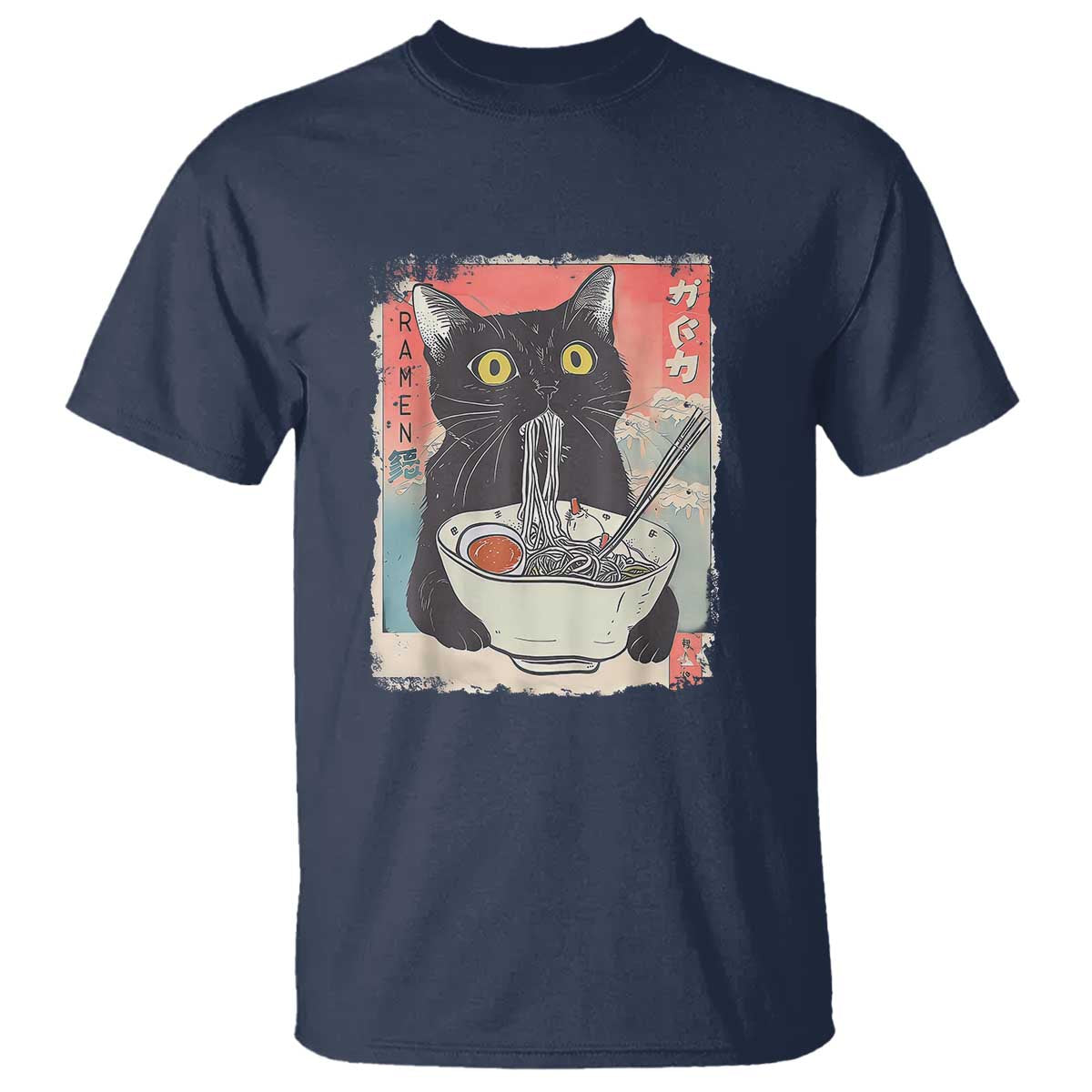 Funny Black Cat Eating Ramen Noodle Graphic T Shirt Japanese Anime Manga Kawaii Cats TS02 Navy Print Your Wear