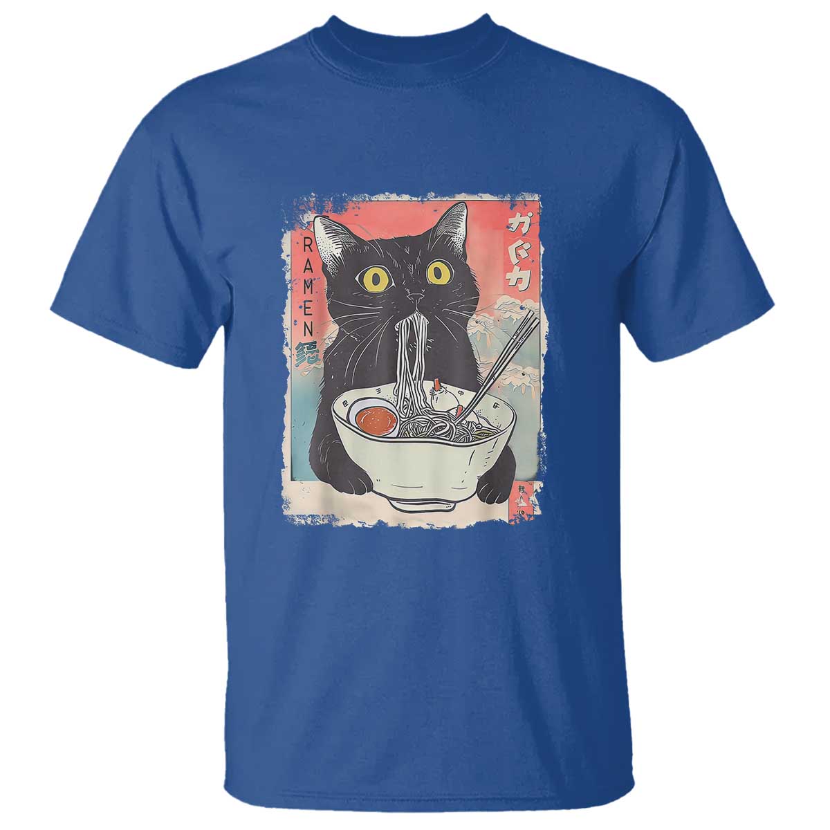 Funny Black Cat Eating Ramen Noodle Graphic T Shirt Japanese Anime Manga Kawaii Cats TS02 Royal Blue Print Your Wear