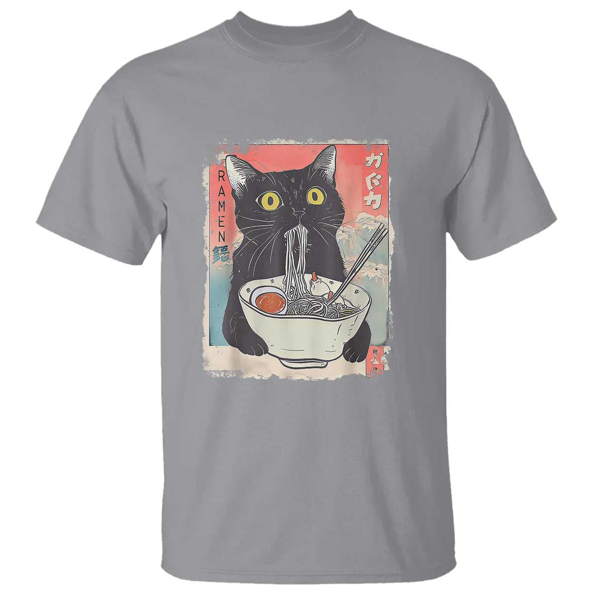 Funny Black Cat Eating Ramen Noodle Graphic T Shirt Japanese Anime Manga Kawaii Cats TS02 Sport Gray Print Your Wear