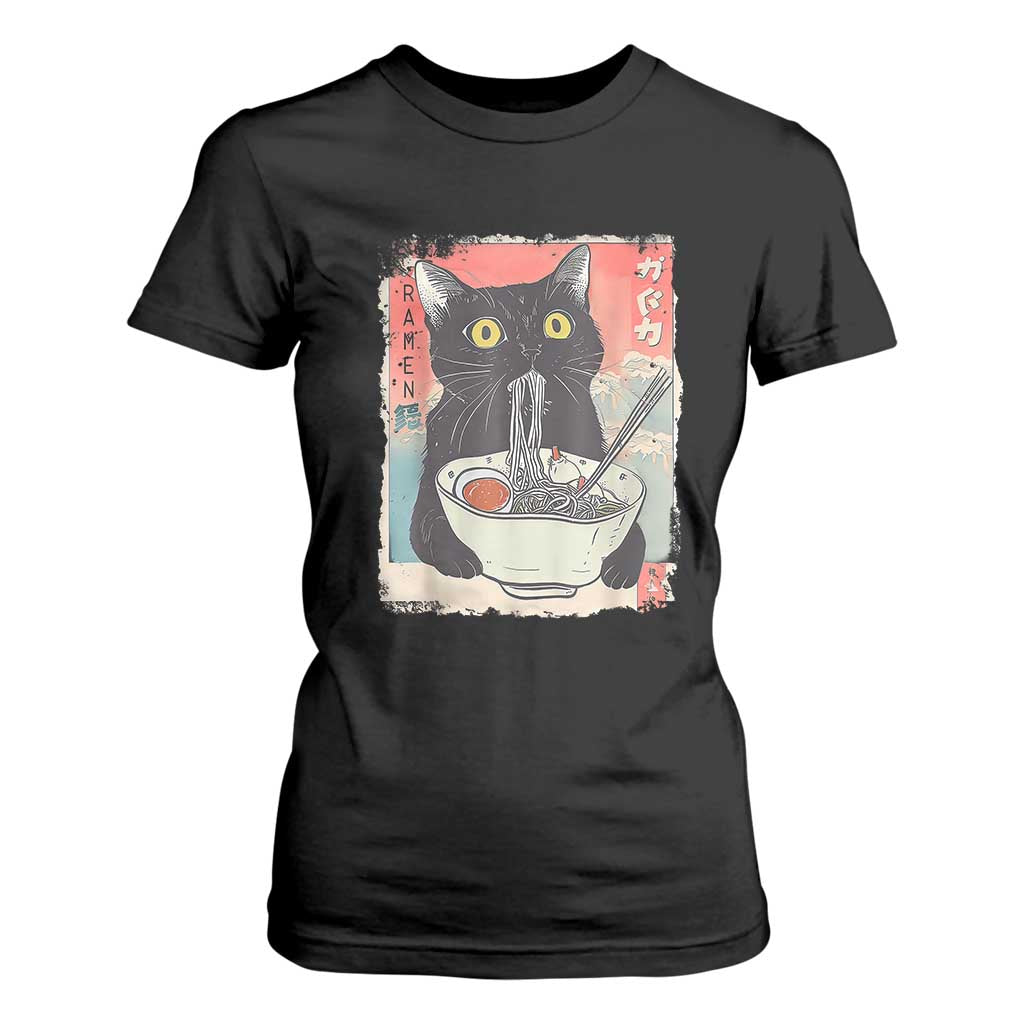Funny Black Cat Eating Ramen Noodle Graphic T Shirt For Women Japanese Anime Manga Kawaii Cats TS02 Black Print Your Wear