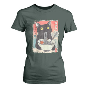 Funny Black Cat Eating Ramen Noodle Graphic T Shirt For Women Japanese Anime Manga Kawaii Cats TS02 Dark Forest Green Print Your Wear