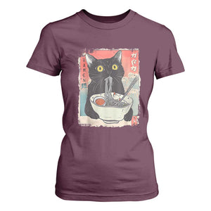 Funny Black Cat Eating Ramen Noodle Graphic T Shirt For Women Japanese Anime Manga Kawaii Cats TS02 Maroon Print Your Wear